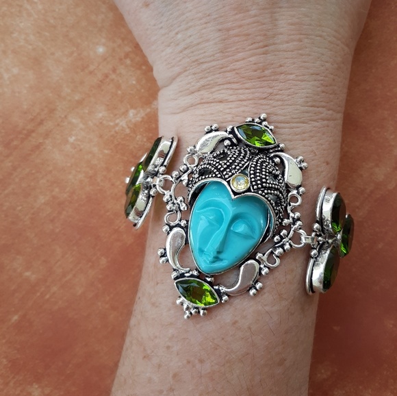 New Carved Goddess Face Peridot & Citrine 925 Silver Bracelet. - Picture 3 of 8